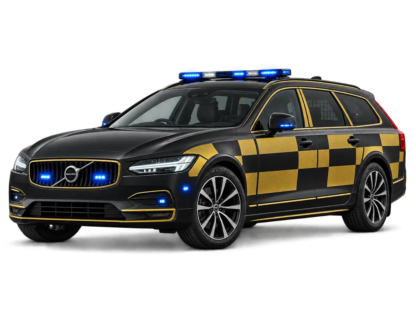 UK-style Volvo police estate with gold Battenburg markings and blue emergency lights